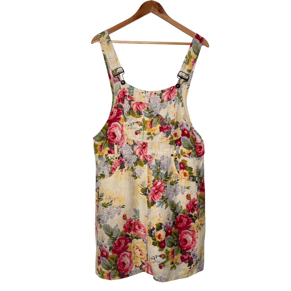 Vintage 90s Womens Large Overall Dress Yellow Pink Floral Linen Blend Pinafore